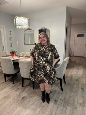 Chic Soul Denim Leopard Print A-Line Dress in Beige & Black